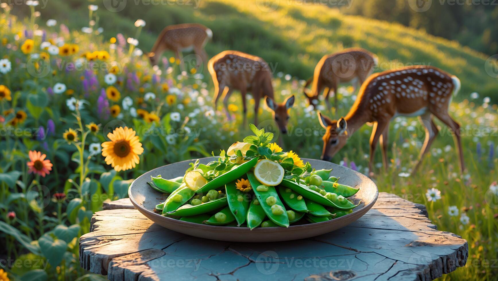 Plate of Fresh Green Peas on Table with Deer Grazing Behind photo