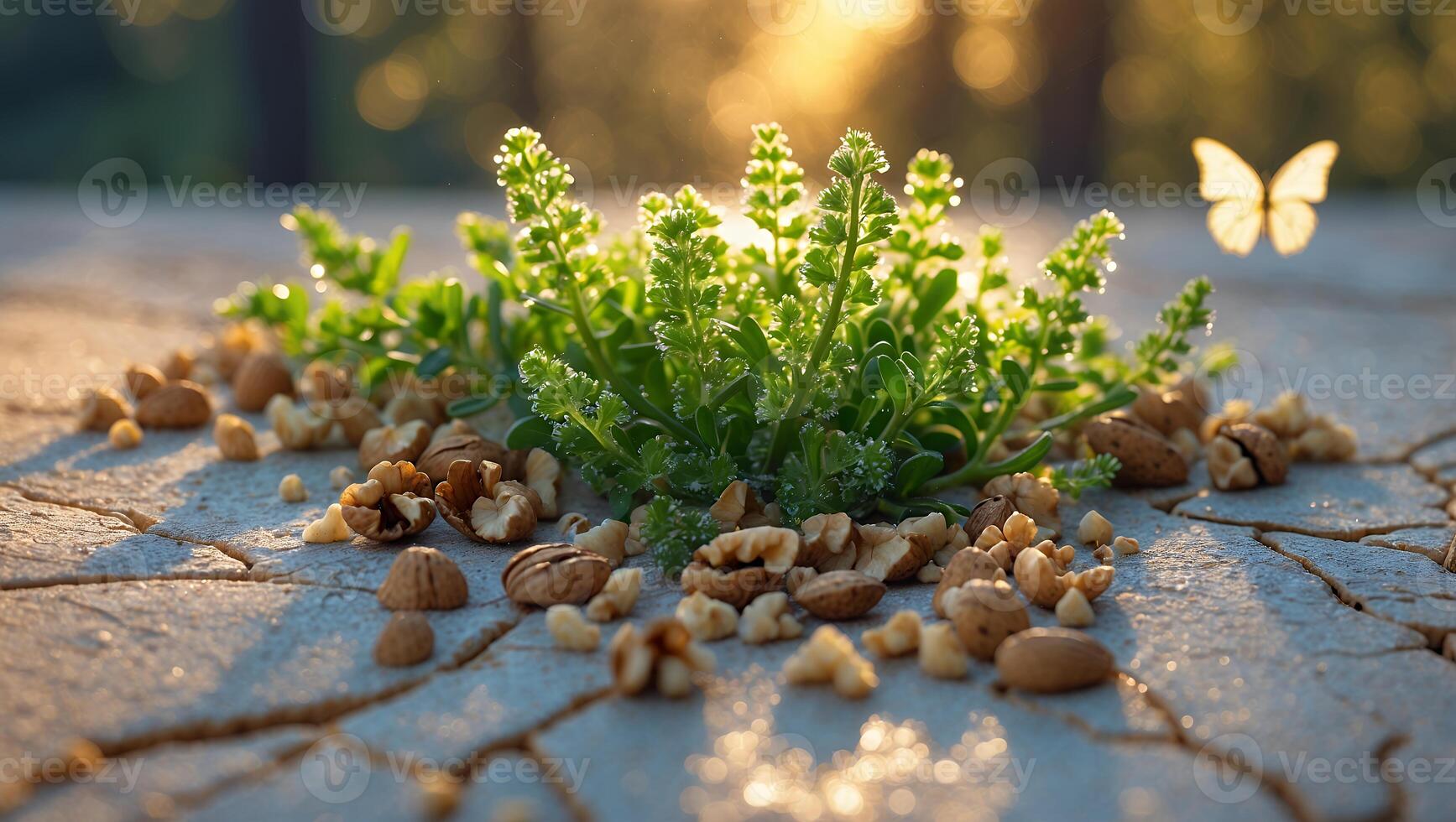 Plant Growing Amidst Walnuts with Butterfly on Cracked Surface at Sunset photo