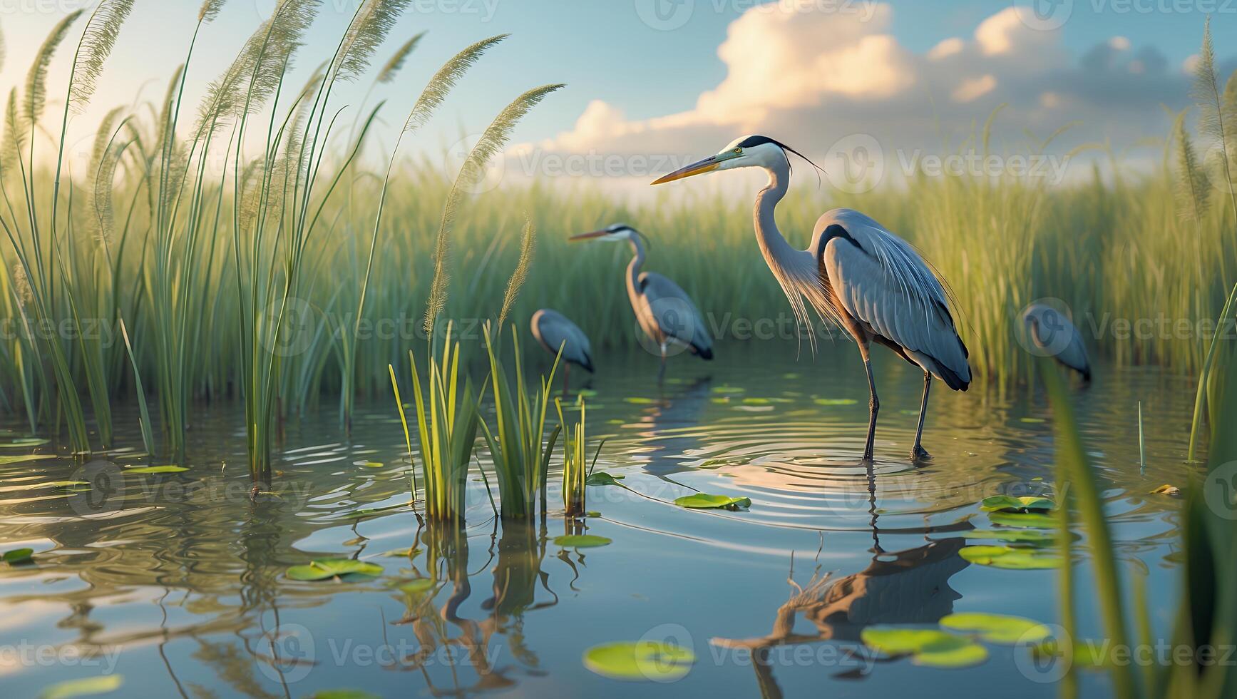 Heron Standing in Shallow Water Amidst Reeds and Lily Pads photo