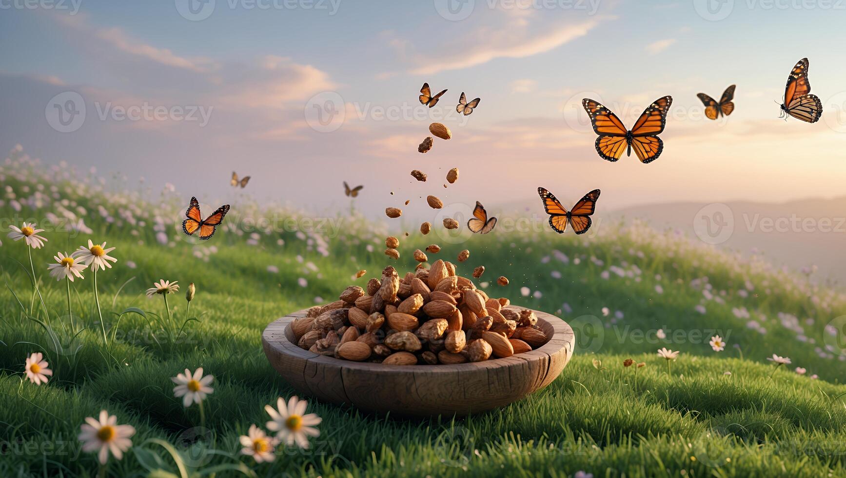 Almonds in Wooden Bowl Surrounded by Butterflies in Grassy Field photo