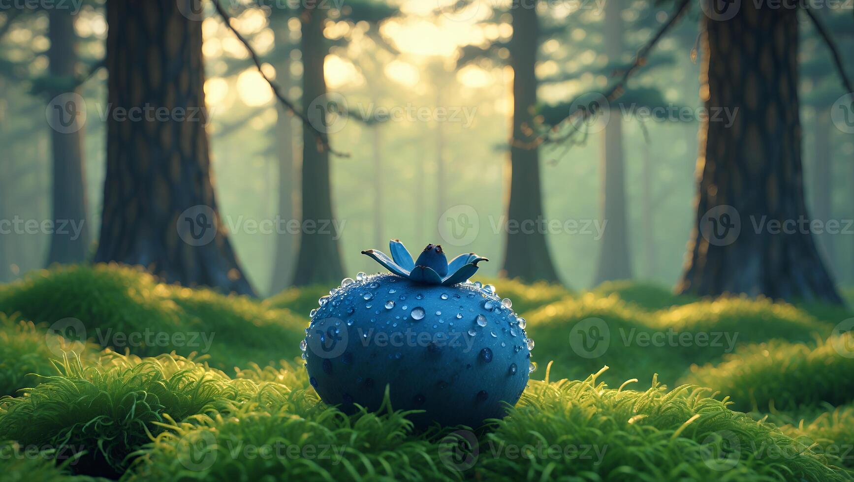 Close-up of Blueberry with Water Droplets on Moss in Forest photo