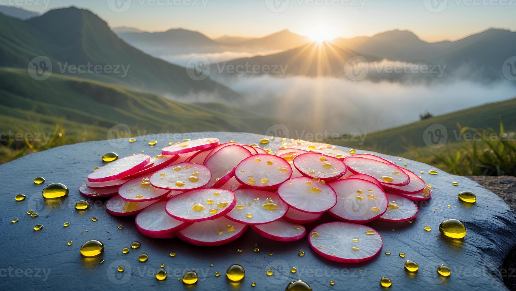Sliced Radishes on Stone Surface with Mountain View at Sunrise photo