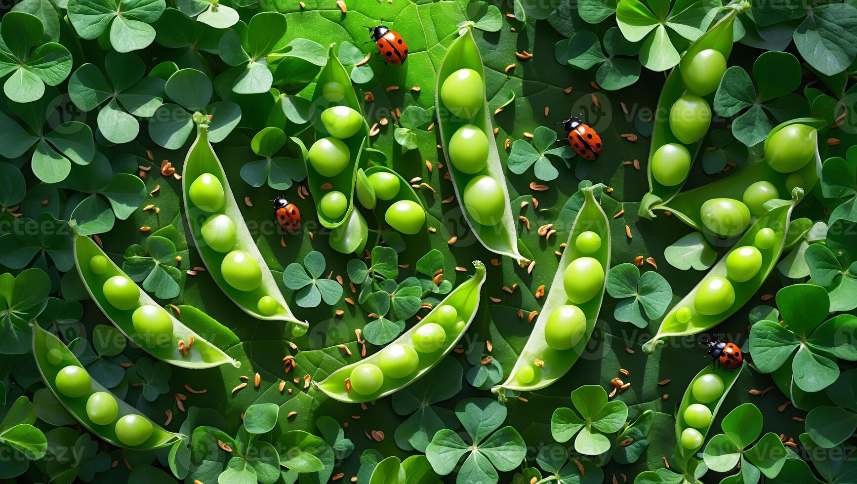 Fresh Green Peas in Pods Amongst Clovers with Ladybugs photo