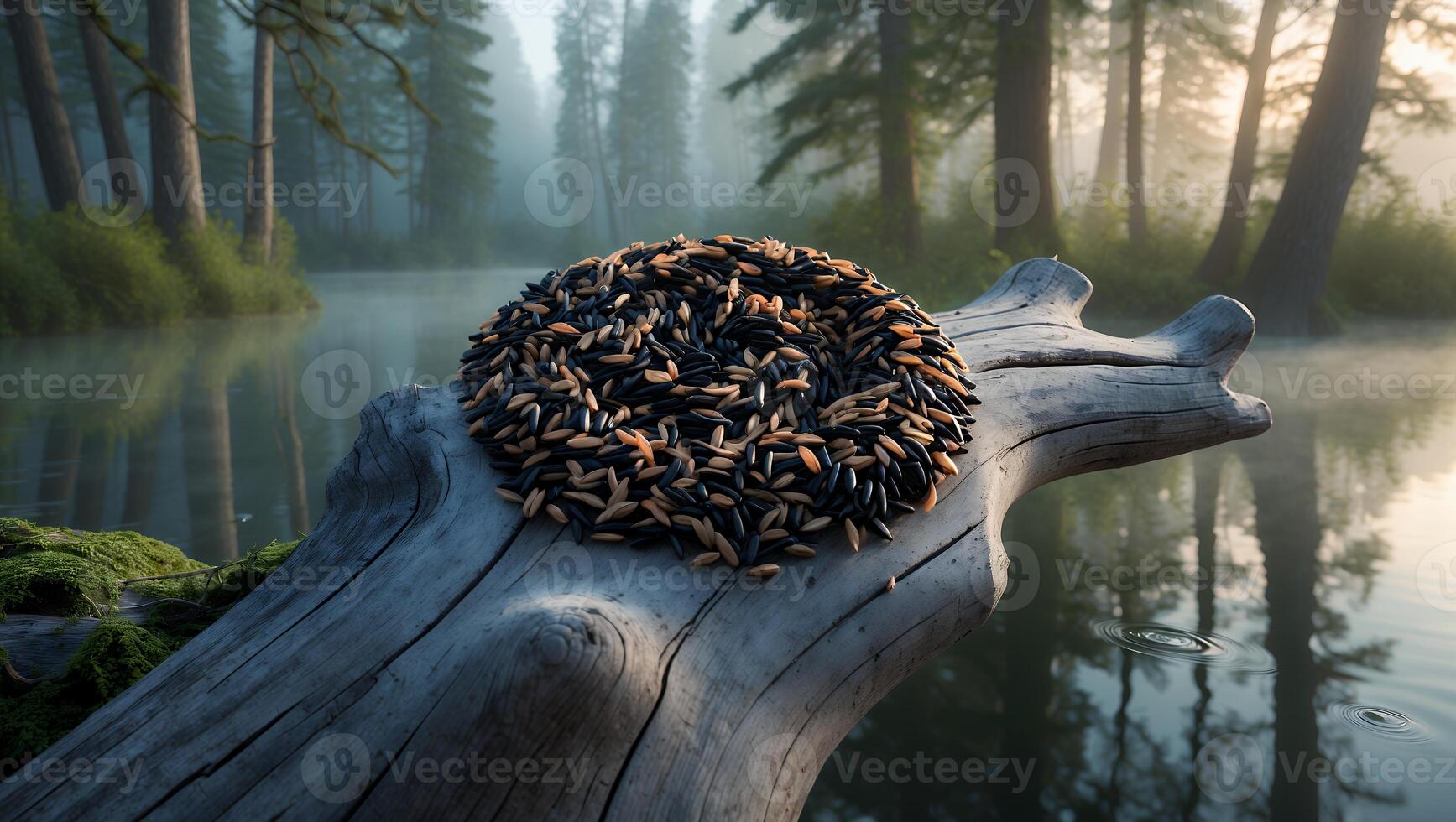 Heap of Wild Rice on Log Over Calm Forest River at Sunrise photo