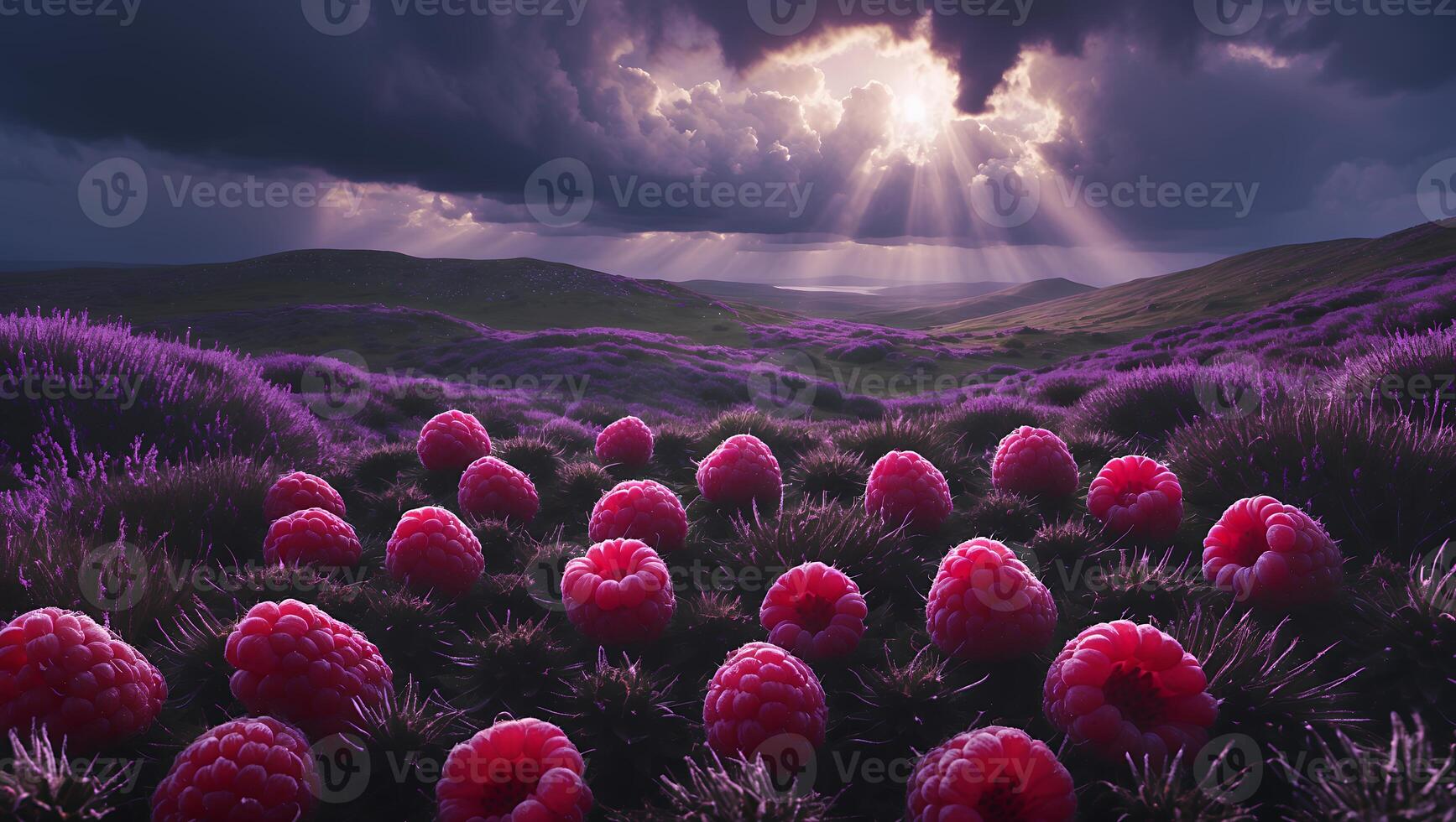 Raspberries on Lavender Field Under Dramatic Sky with Sun Rays photo