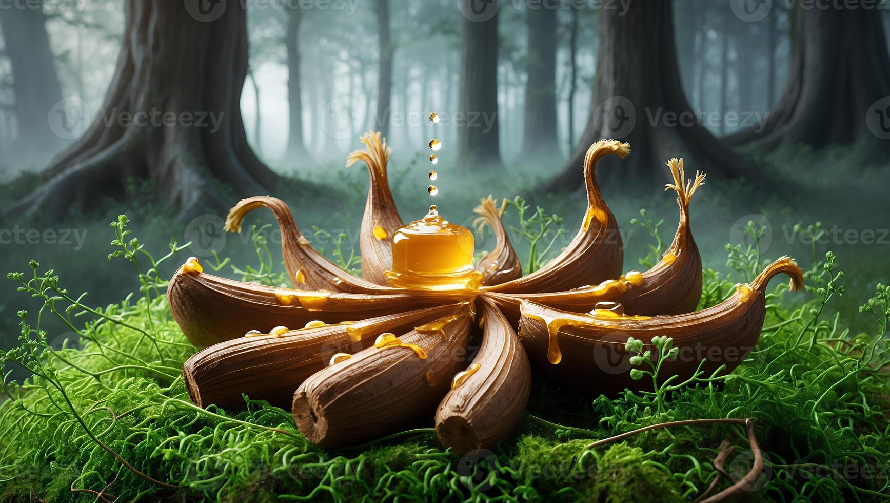 Honey Dripping on Exotic Fruit Arrangement Within a Misty Forest photo