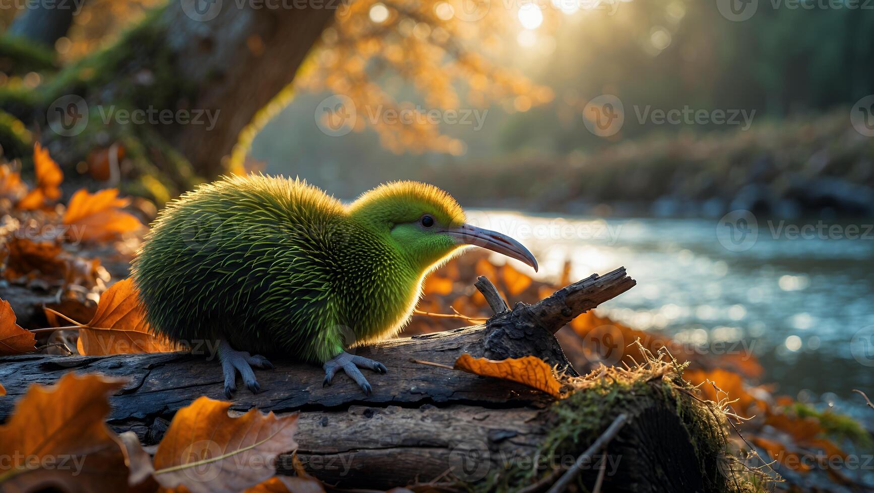 Bird Resting on a Log Near River Surrounded by Autumnal Leaves photo