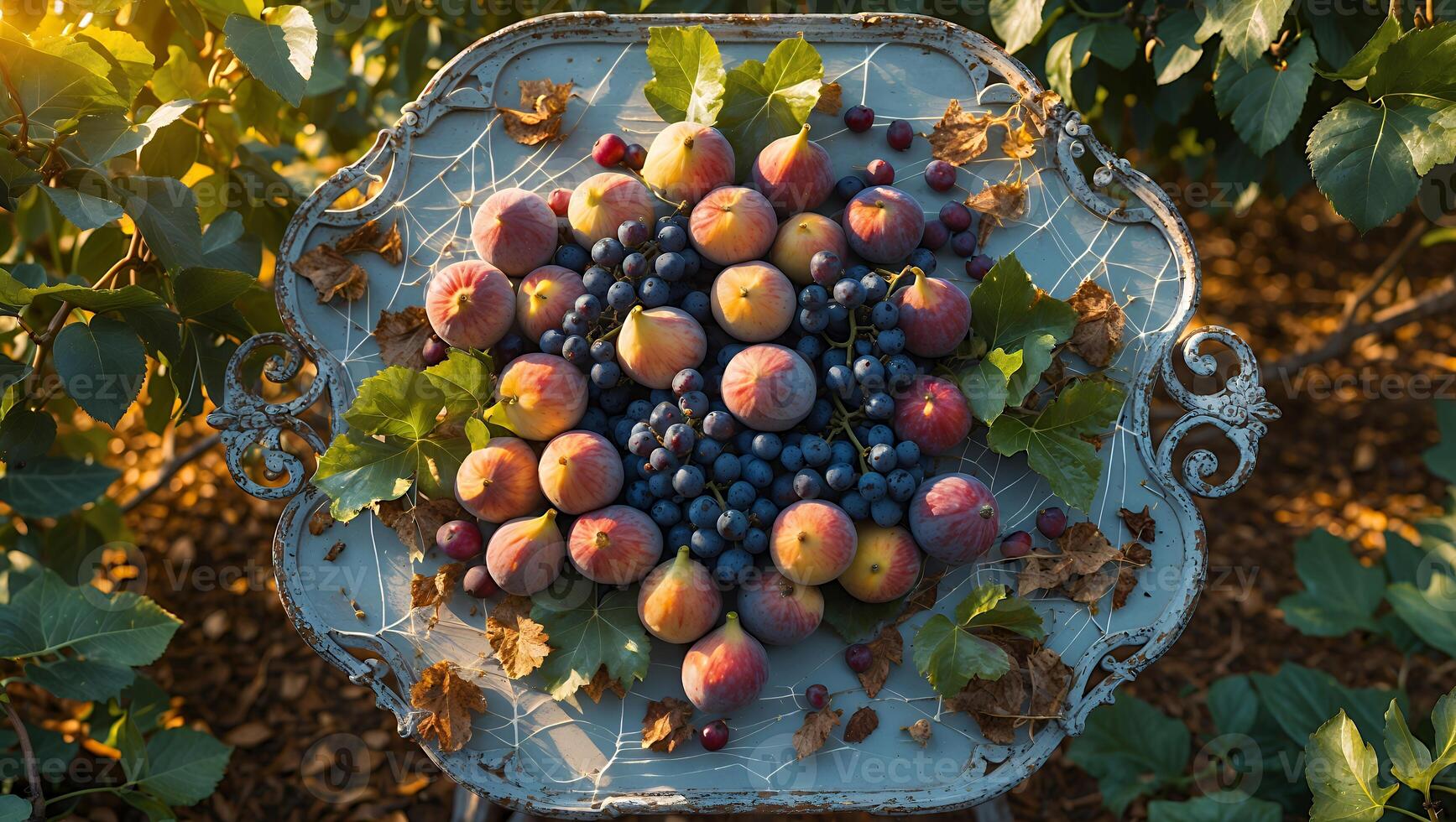 Arrangement of Figs and Grapes on Decorative Tray in Orchard photo