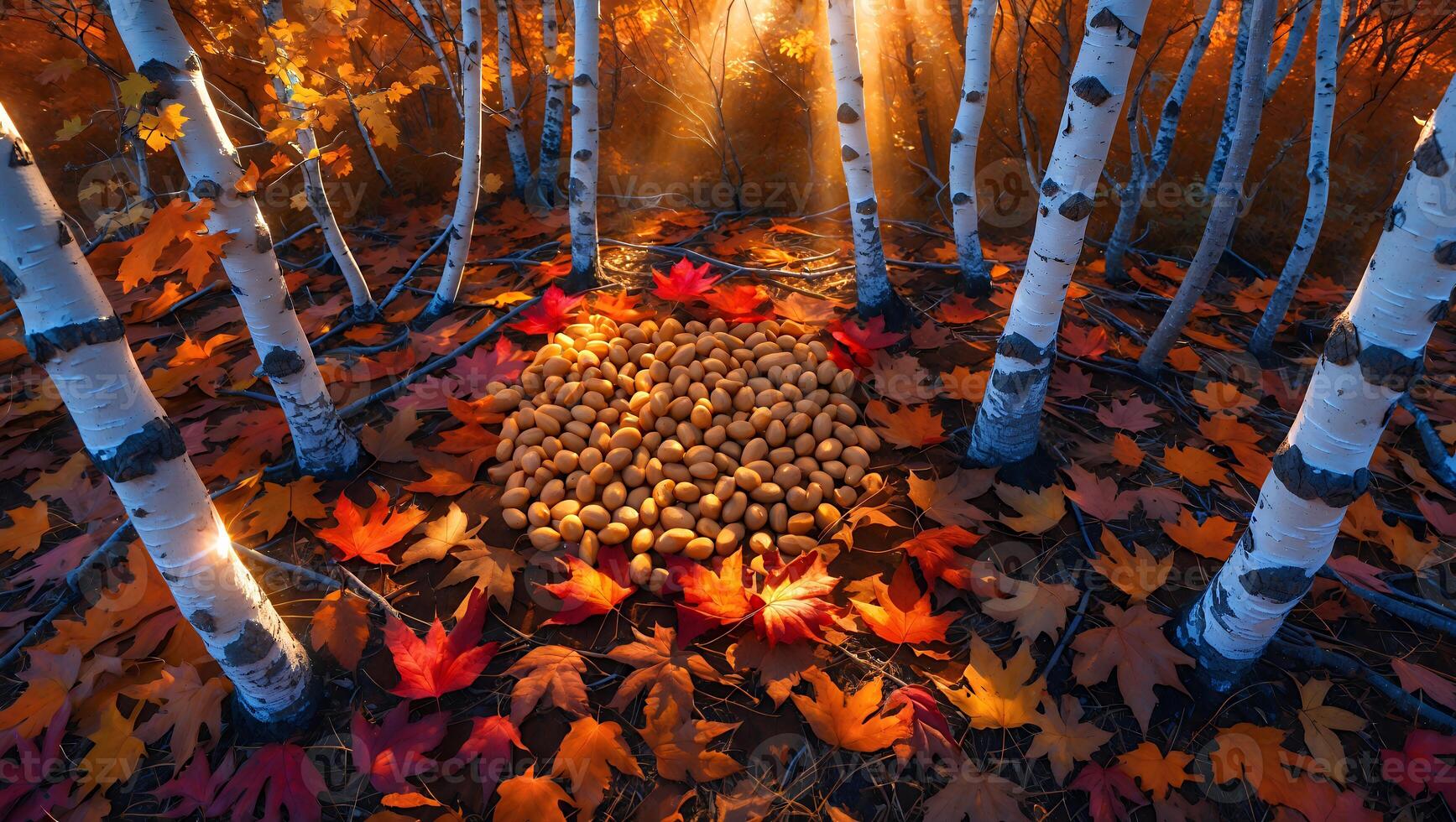 Pile of Nuts in Autumn Forest Among Birch Trees and Leaves photo