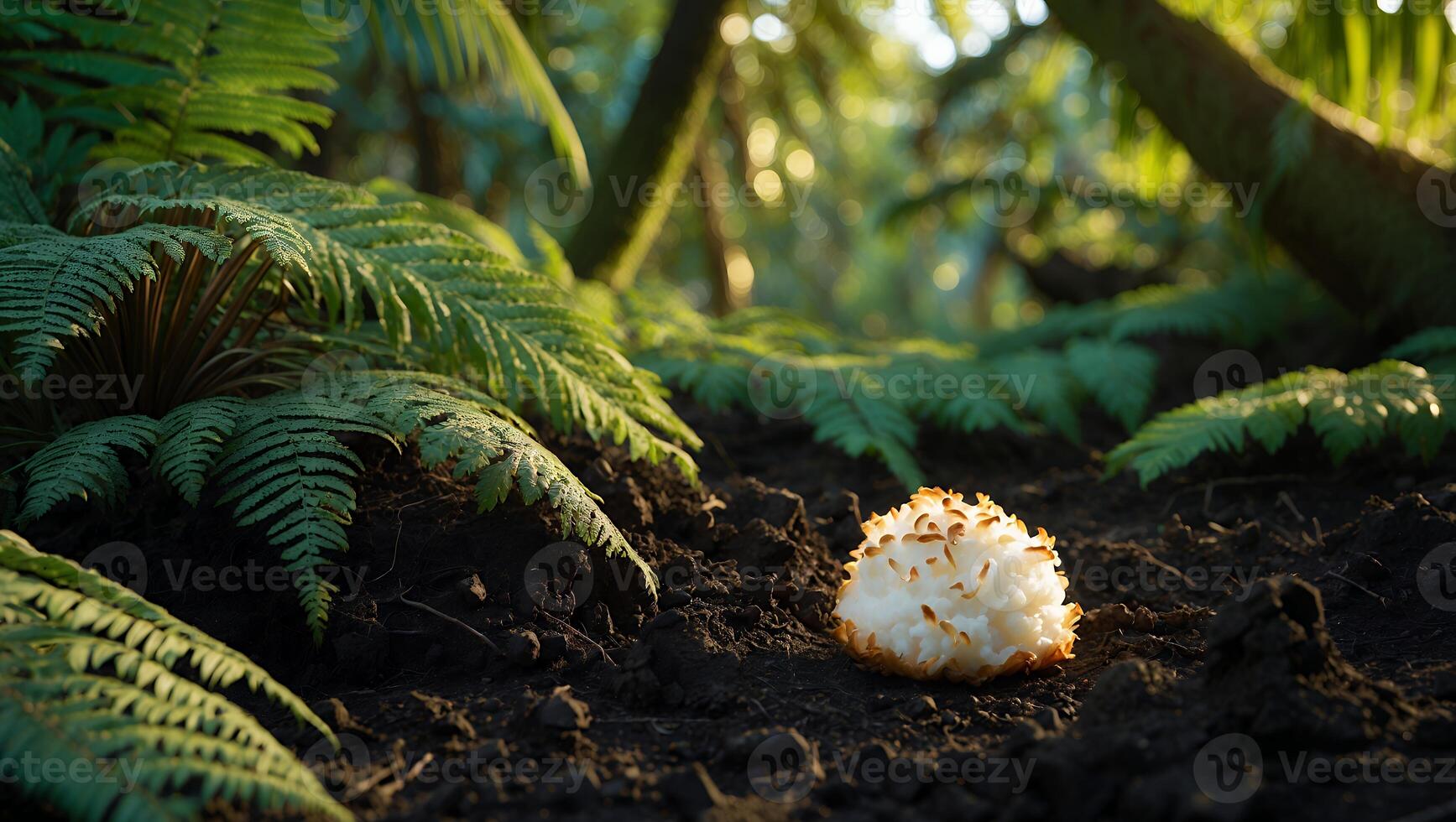 Coconut Resting on Forest Floor Amidst Ferns with Soft Sunlight photo