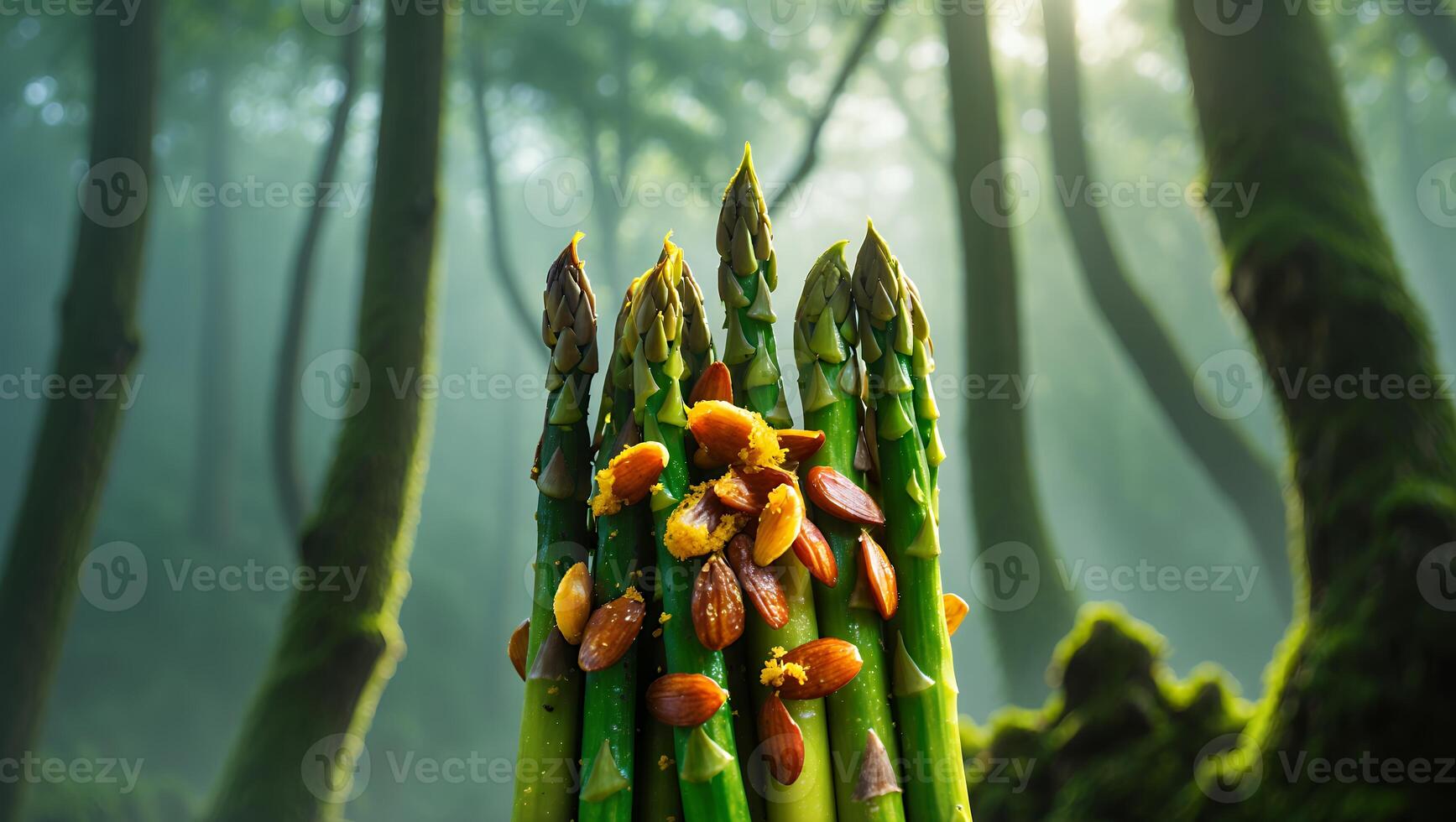 Serving Asparagus and Almonds in a Forest Setting for Lunch photo