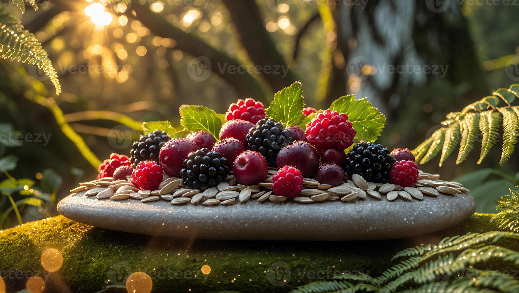 Assorted Berries on Stone Plate with Seeds in Forest Setting photo