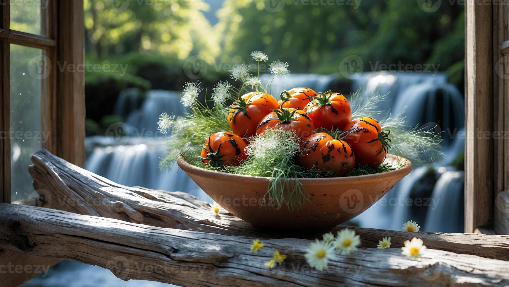 Fresh Tomatoes on Wooden Sill with Waterfall View and Flowers photo