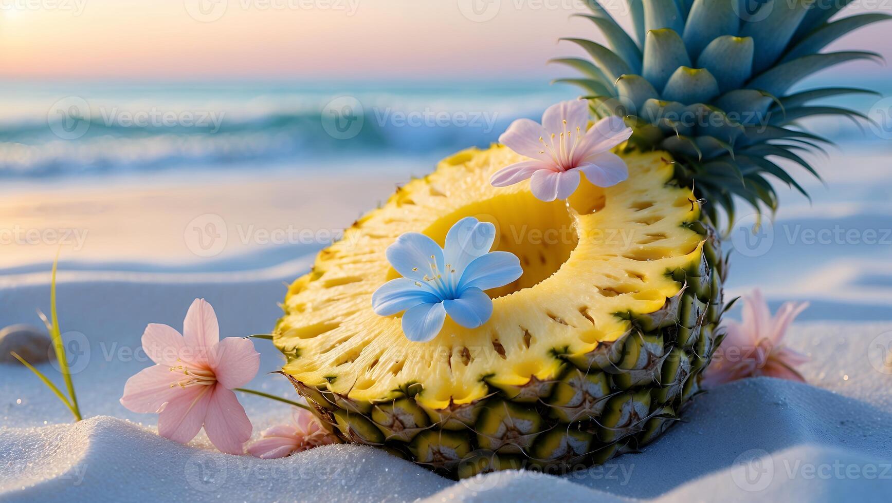 Pineapple Slice Adorned with Flowers on Sandy Beach at Sunset photo