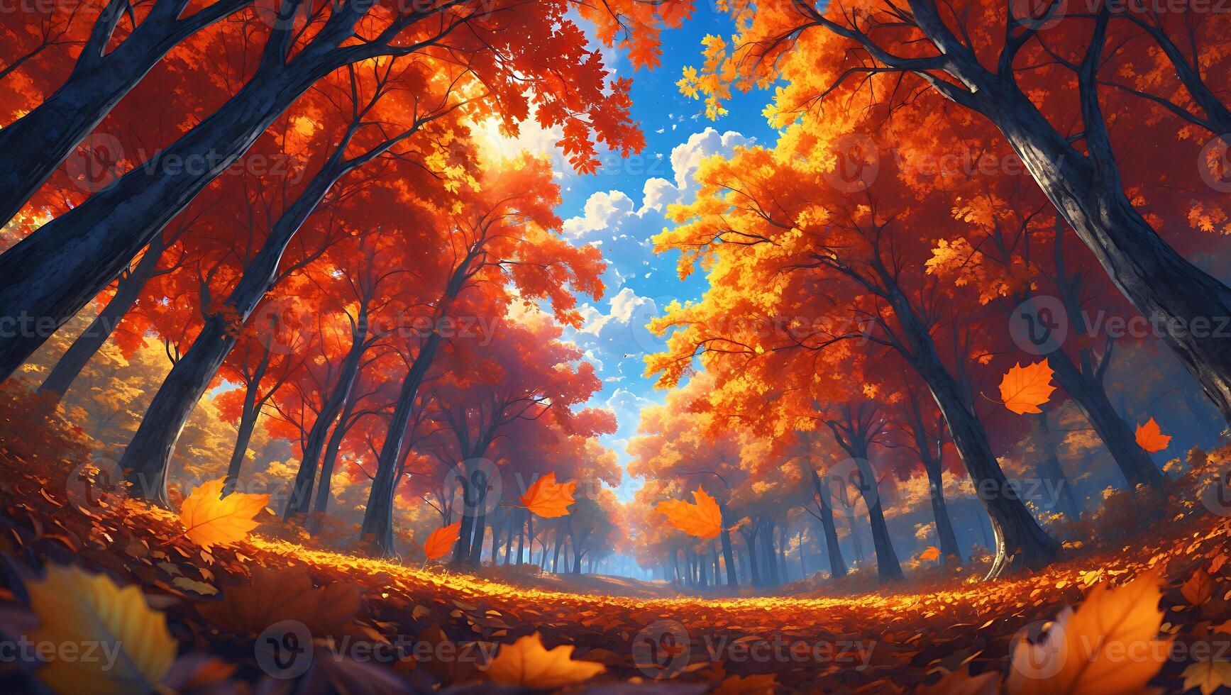 Walking Path Through Autumn Forest with Falling Leaves and Colorful Trees photo