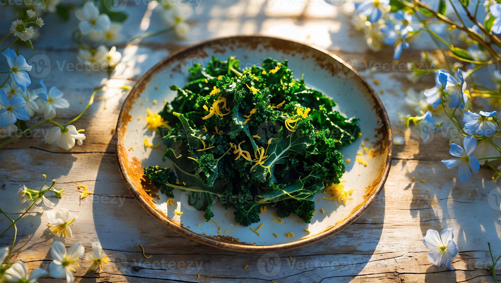 Kale Salad with Citrus Zest on Rustic Plate with Flowers photo