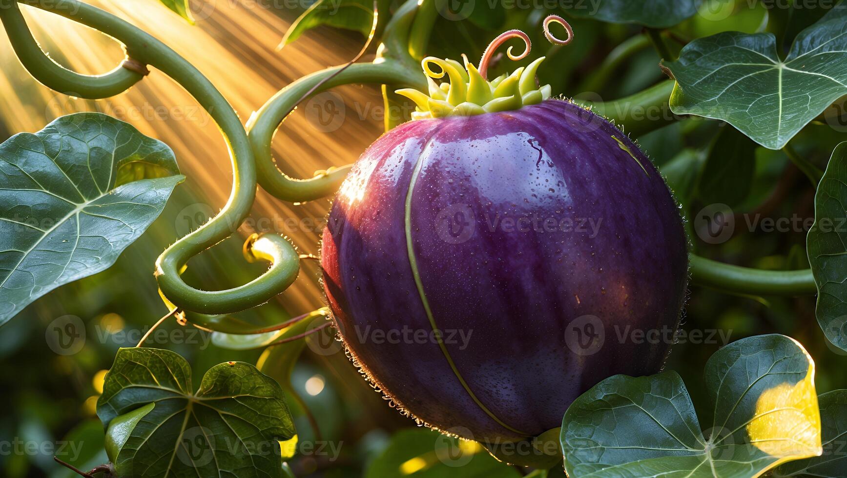 Close-up of a Round Purple Vegetable on Vine Bathed in Sunlight photo