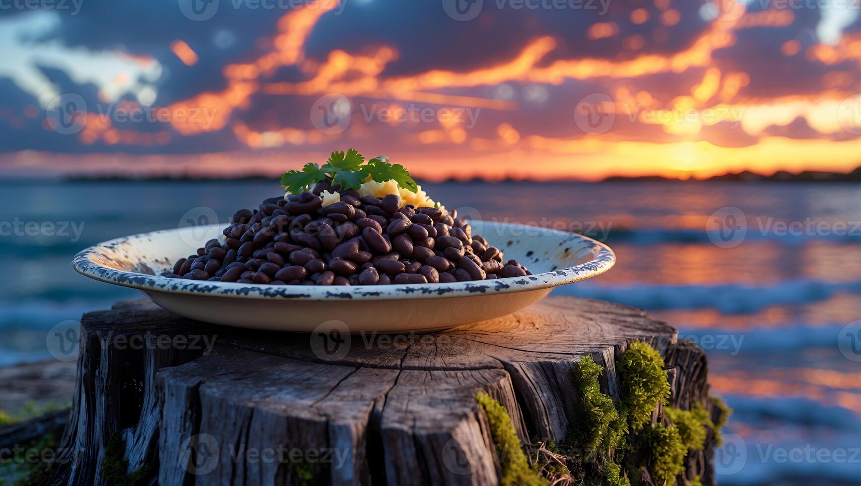 Serving of Black Beans with Cilantro on Tree Stump at Sunset photo