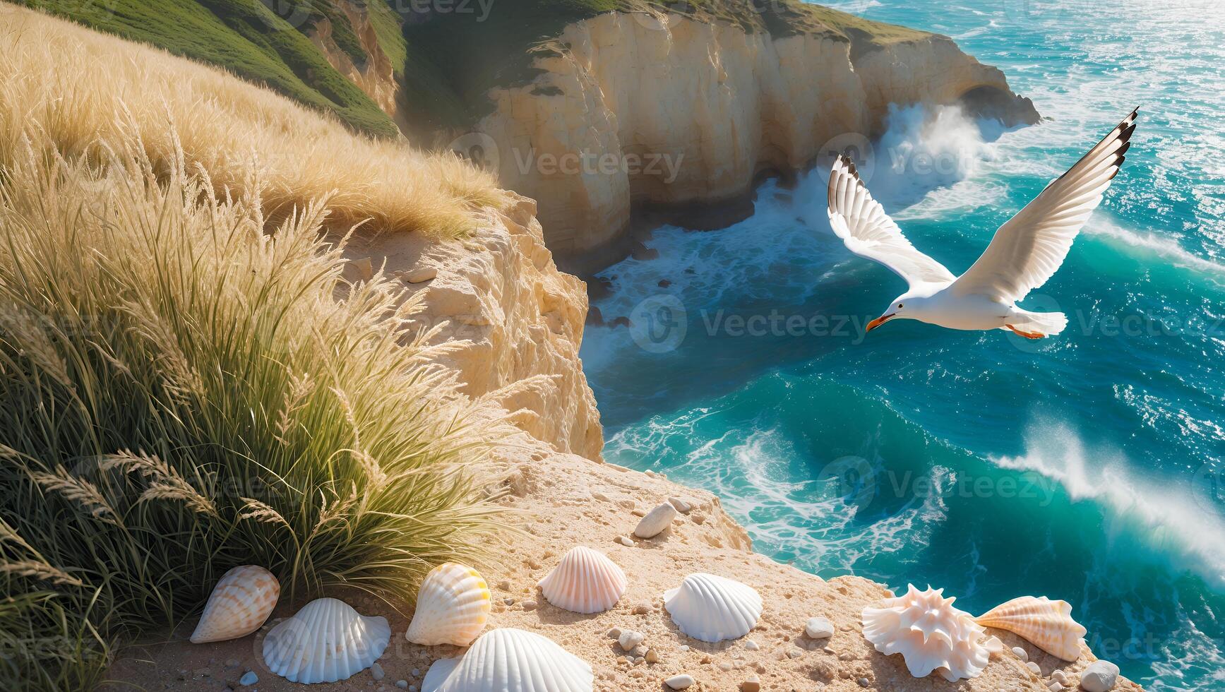 Seagull Flying Over Cliffside with Shells and Turquoise Ocean Waves photo