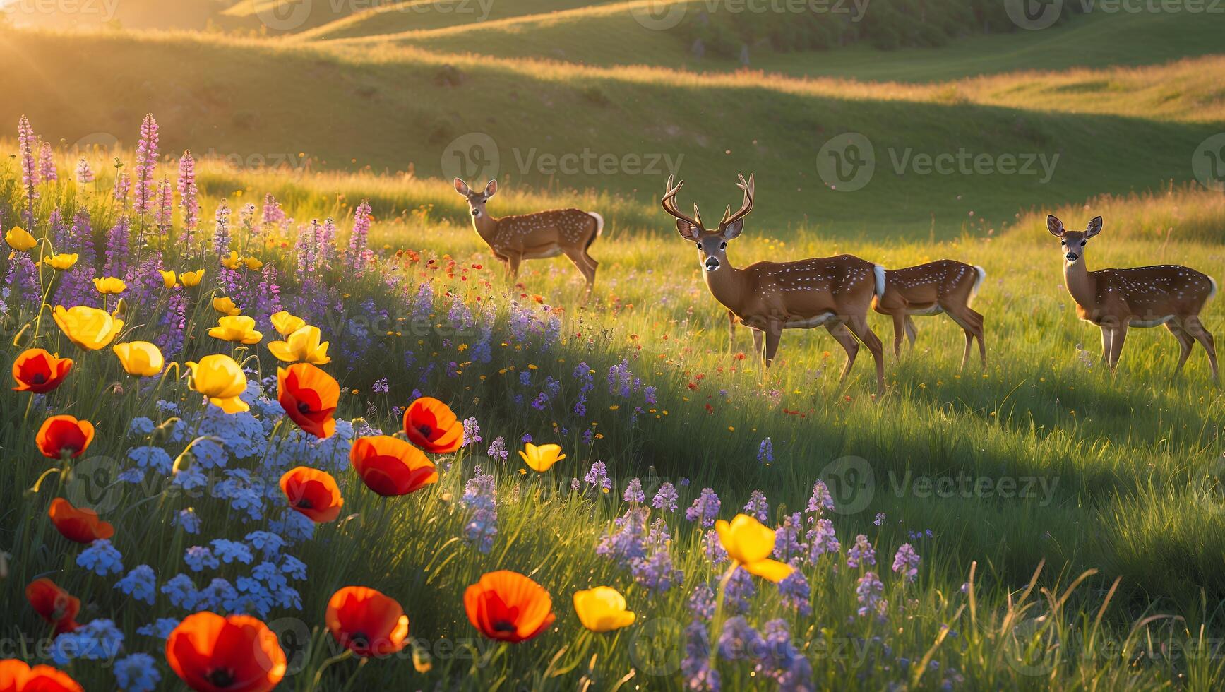 Deer Grazing in Wildflower Meadow at Sunset with Golden Light photo
