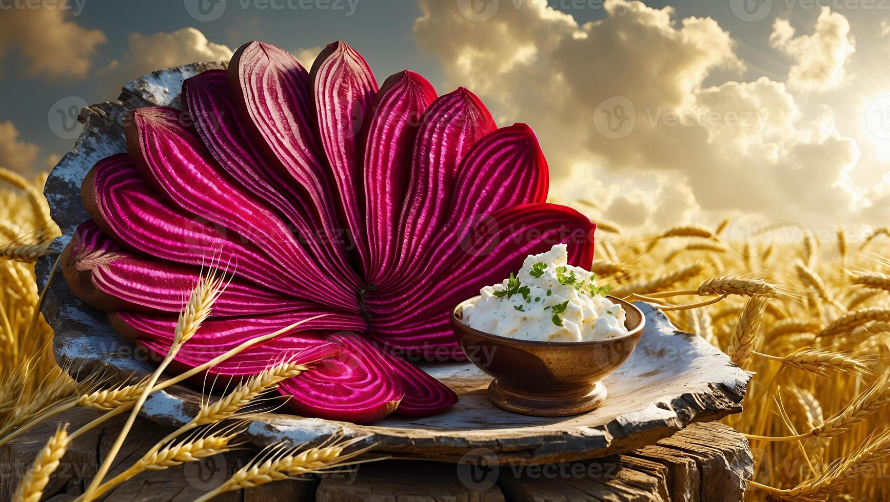 Preparing Sliced Beetroot and Cream Cheese Dip Outdoors in Field photo