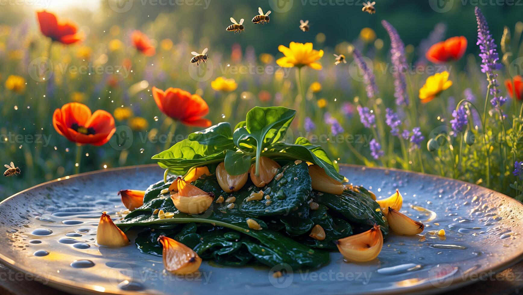 Spinach Salad with Garlic Cloves in a Flower Meadow photo