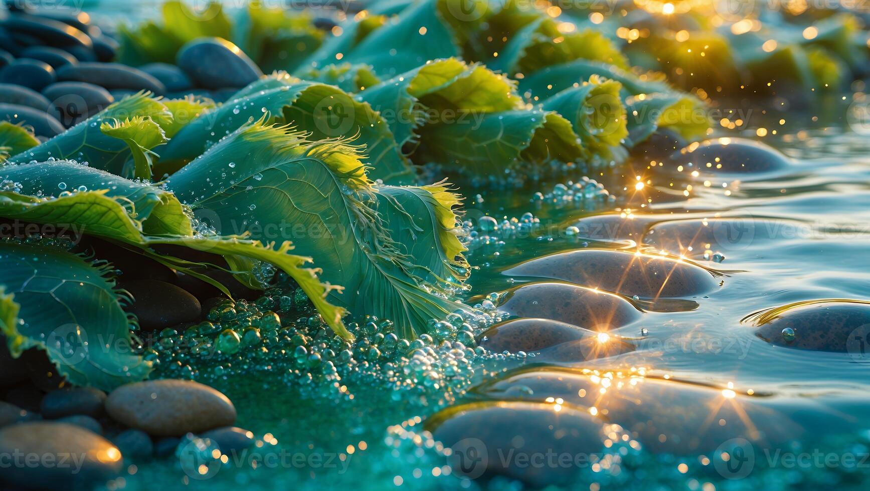 Seaweed and Pebble Beach at Golden Hour with Sparkling Water photo