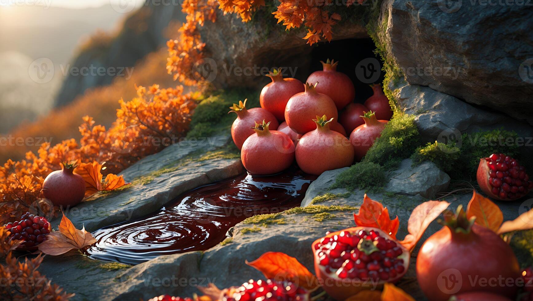 Pomegranates by Rock Cave with Autumn Foliage and Flowing Juice photo