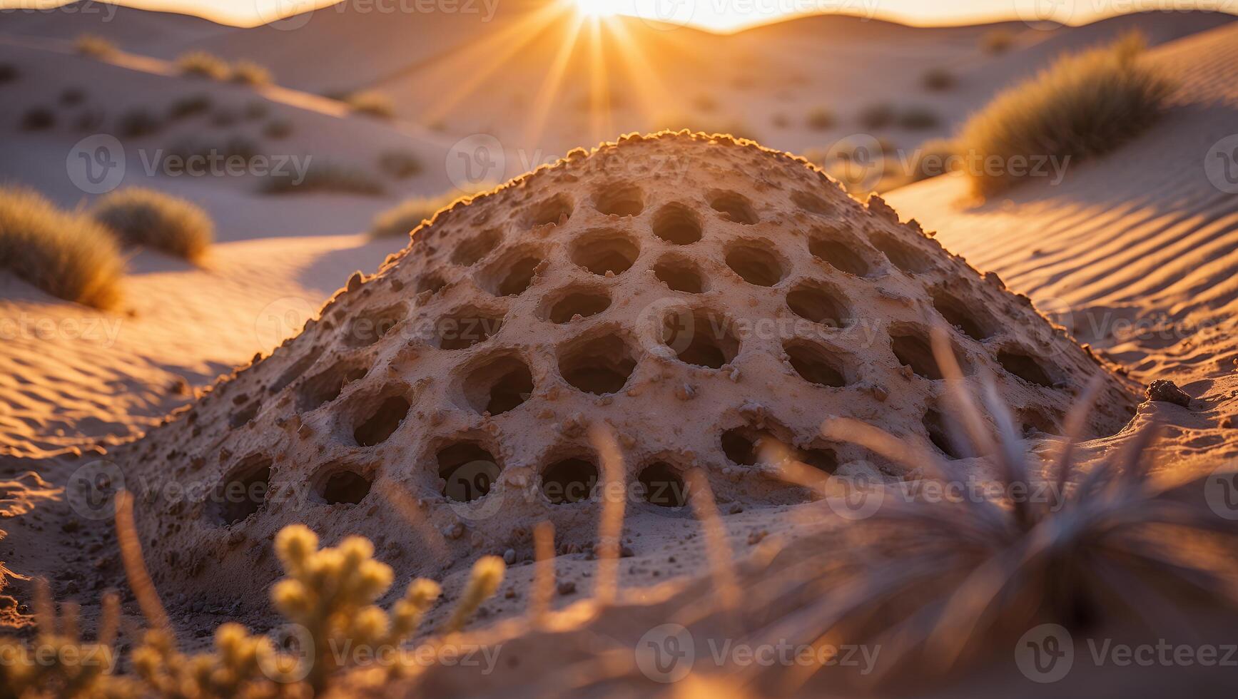 Dune Structure with Holes in Desert Landscape at Sunset photo