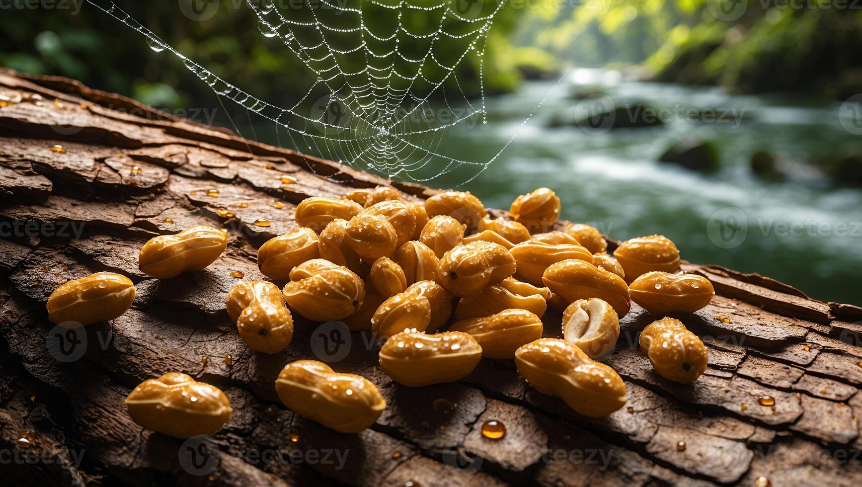 Peanuts on Wood with Spiderweb and Flowing Water Background photo