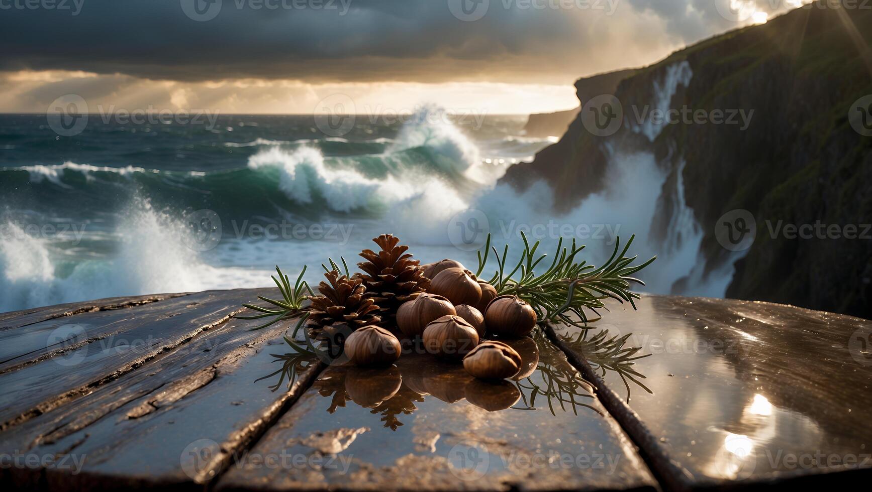 Pine Cones and Nuts on a Wet Table Overlooking a Coastal Scene photo