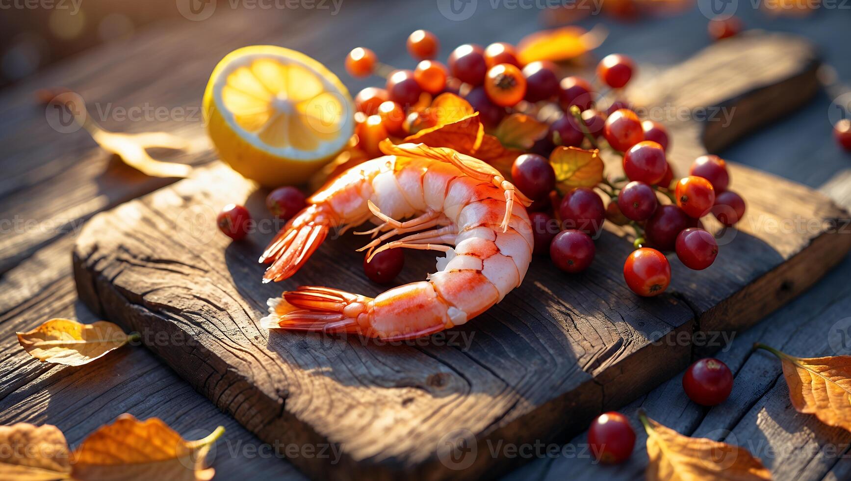 Prepared Shrimp with Lemon and Berries on Rustic Wooden Board photo