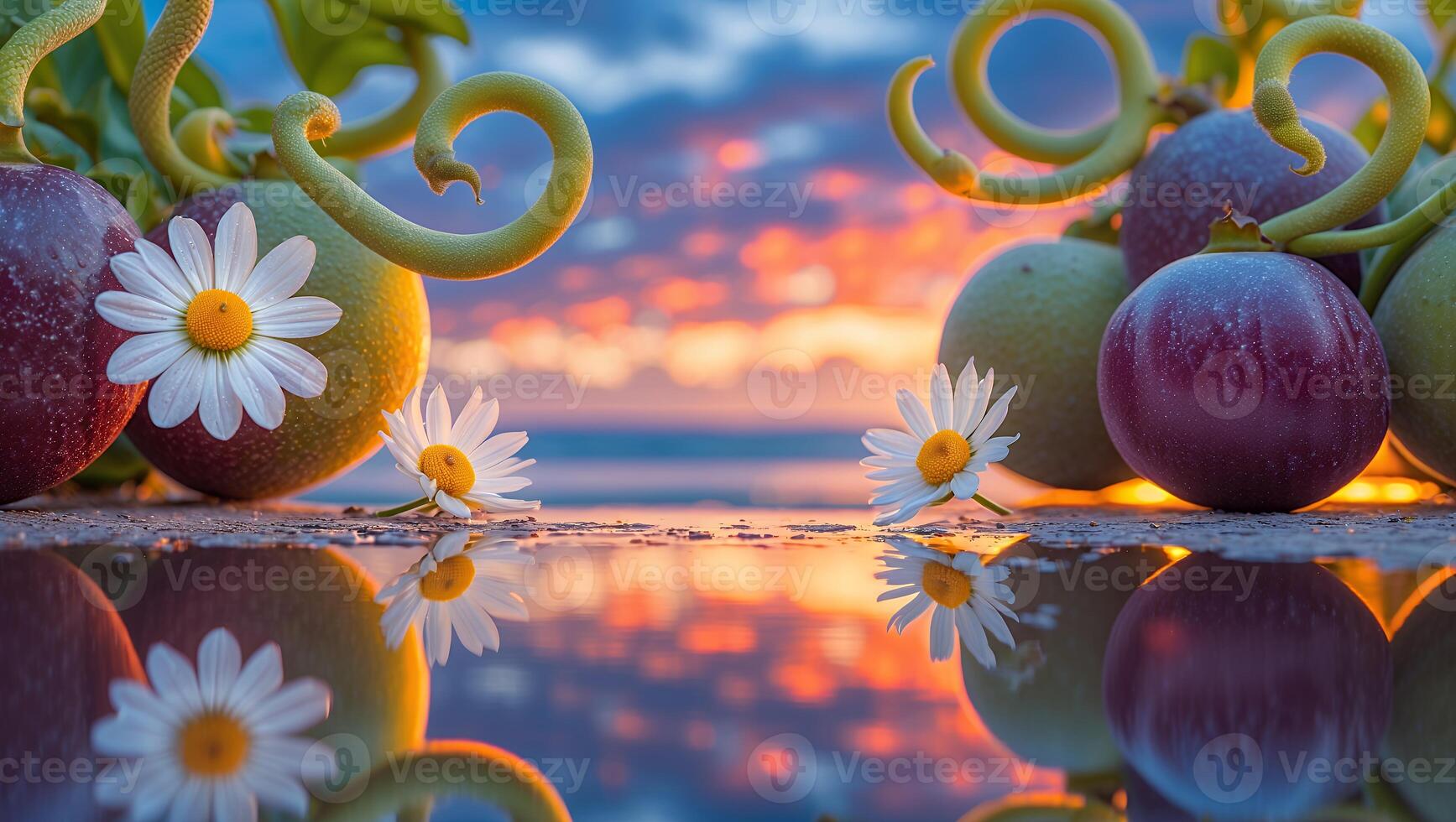 Arrangement of Fruits and Daisies Reflecting a Dramatic Colorful Sky photo