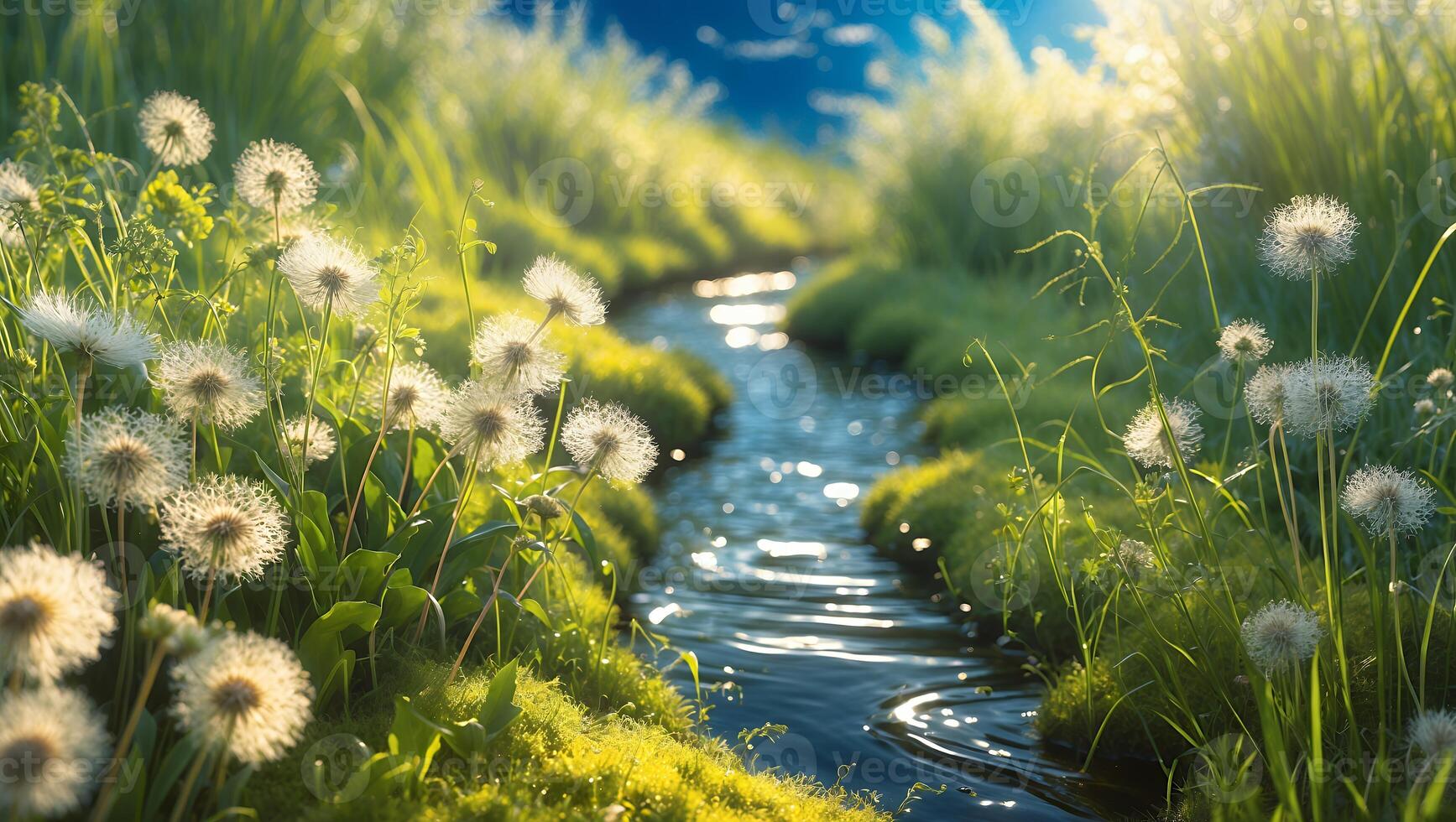 Dandelion Field and Flowing Stream Through Grassy Meadow Landscape photo