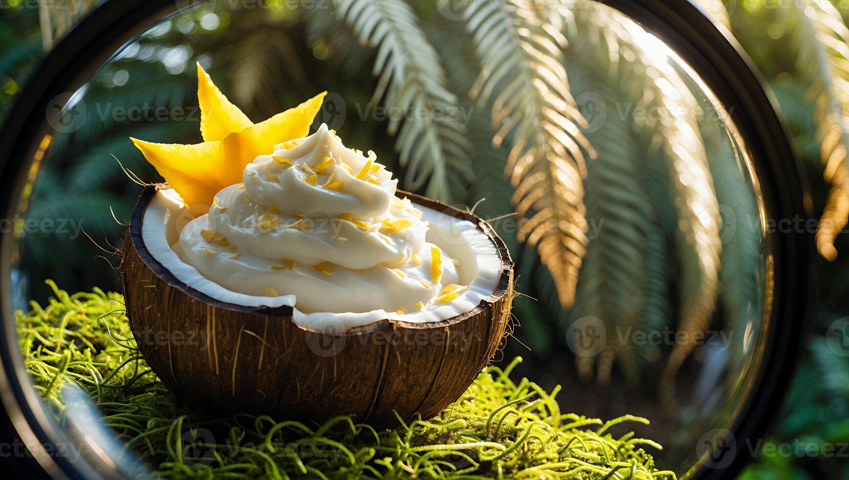 Coconut Dessert in Half Shell with Tropical Fruit Garnish photo