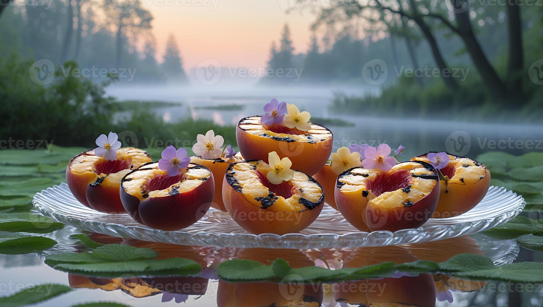 Grilled Peach Halves with Flowers on Glass Plate Scenic Backdrop photo