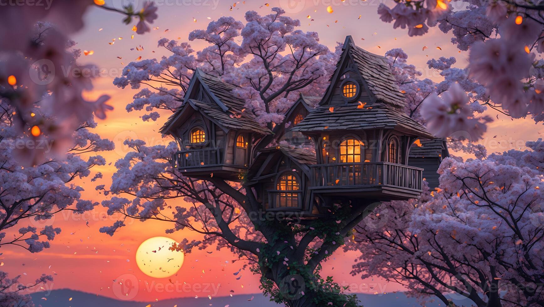 Enchanting Treehouse Nestled Among Cherry Blossoms at Sunset with Warm Lights photo