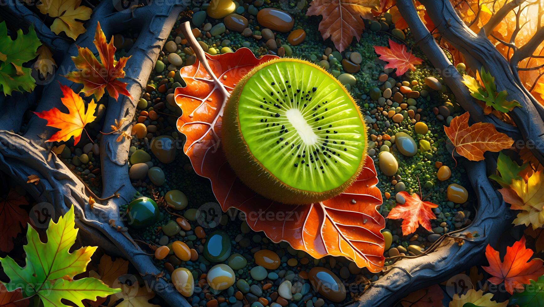 Kiwi Fruit Resting on Autumn Leaf Surrounded by Pebbles and Foliage photo