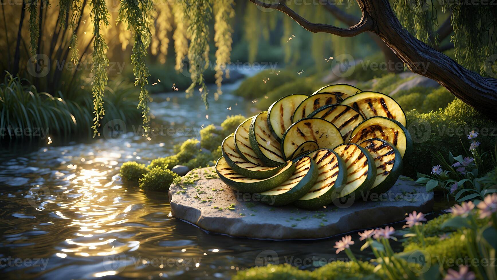 Grilled Zucchini Slices Arranged on Stone by Stream in Sunlight photo