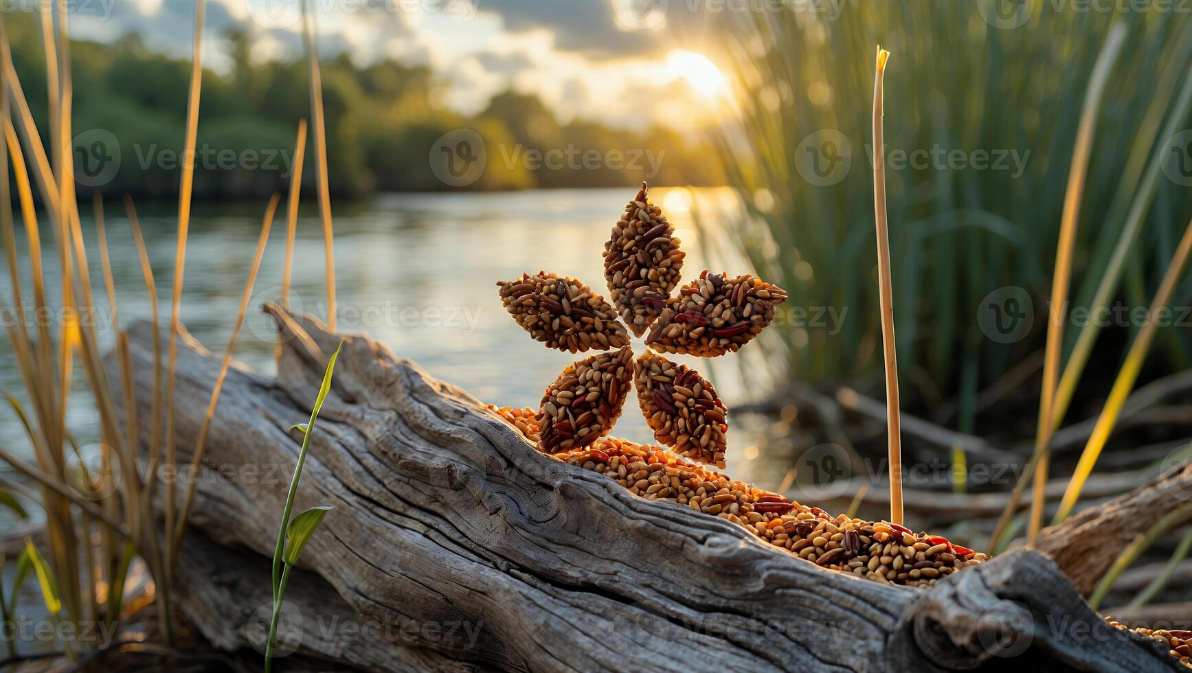 Flower Made of Seeds on Log by River at Sunset photo