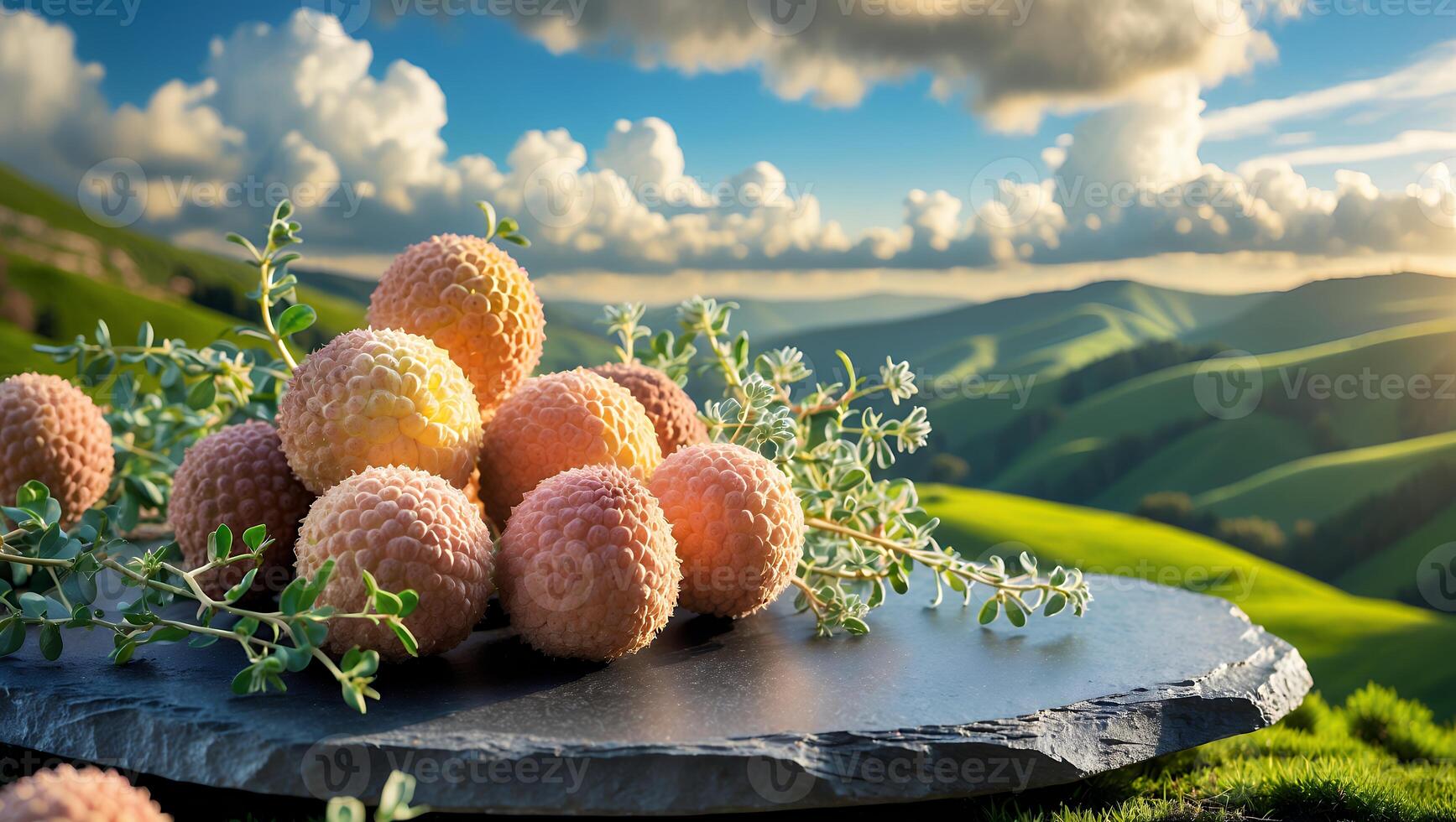 Lychee Fruit Displayed on Stone Slab with Rolling Green Hills photo
