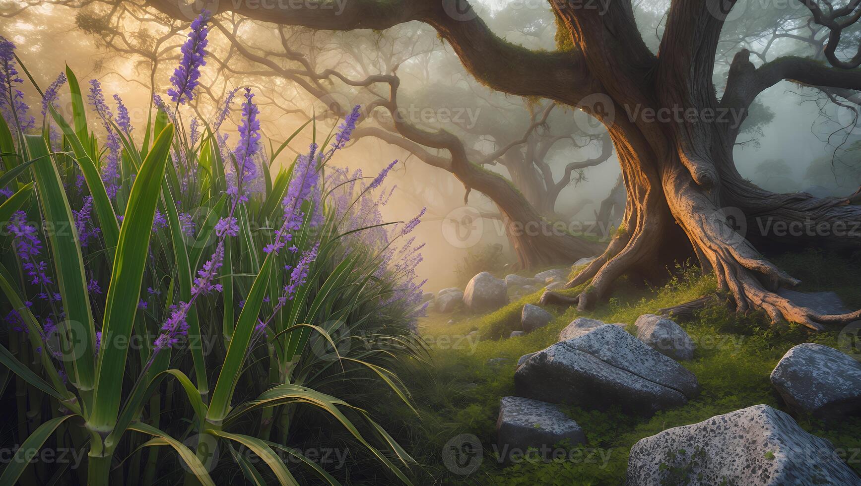 Winding Path Through Misty Forest with Purple Flowers and Ancient Trees photo