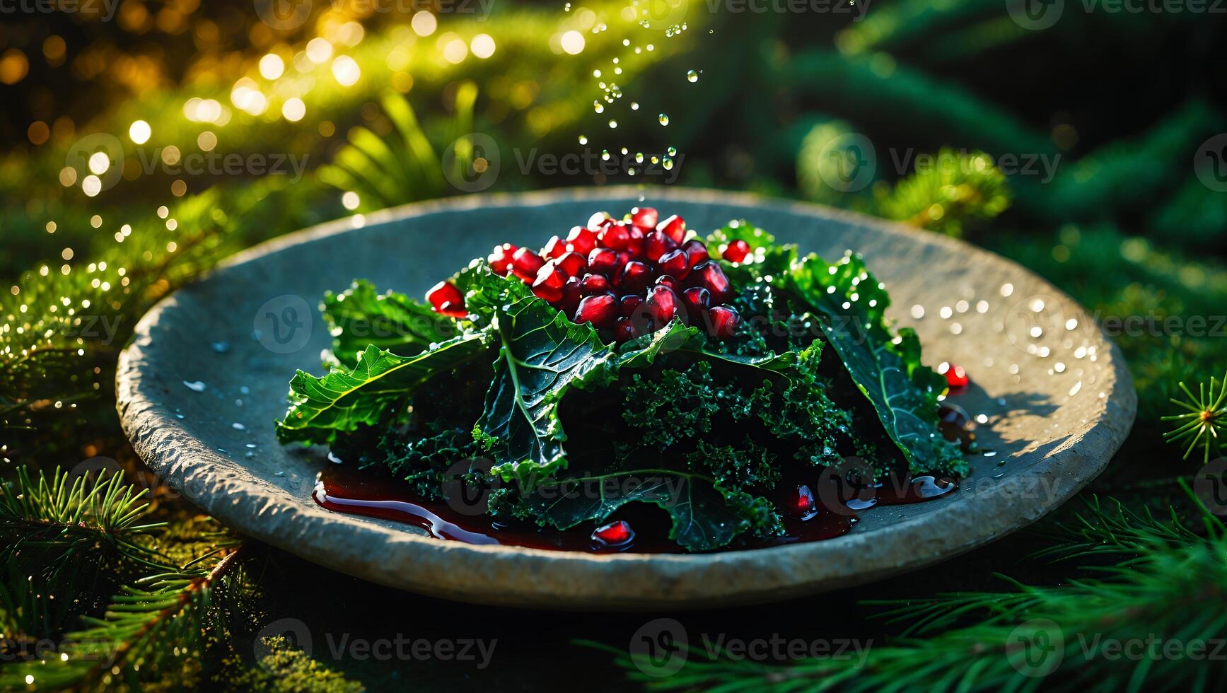 Serving Fresh Kale Salad with Pomegranate Seeds in Festive Setting photo