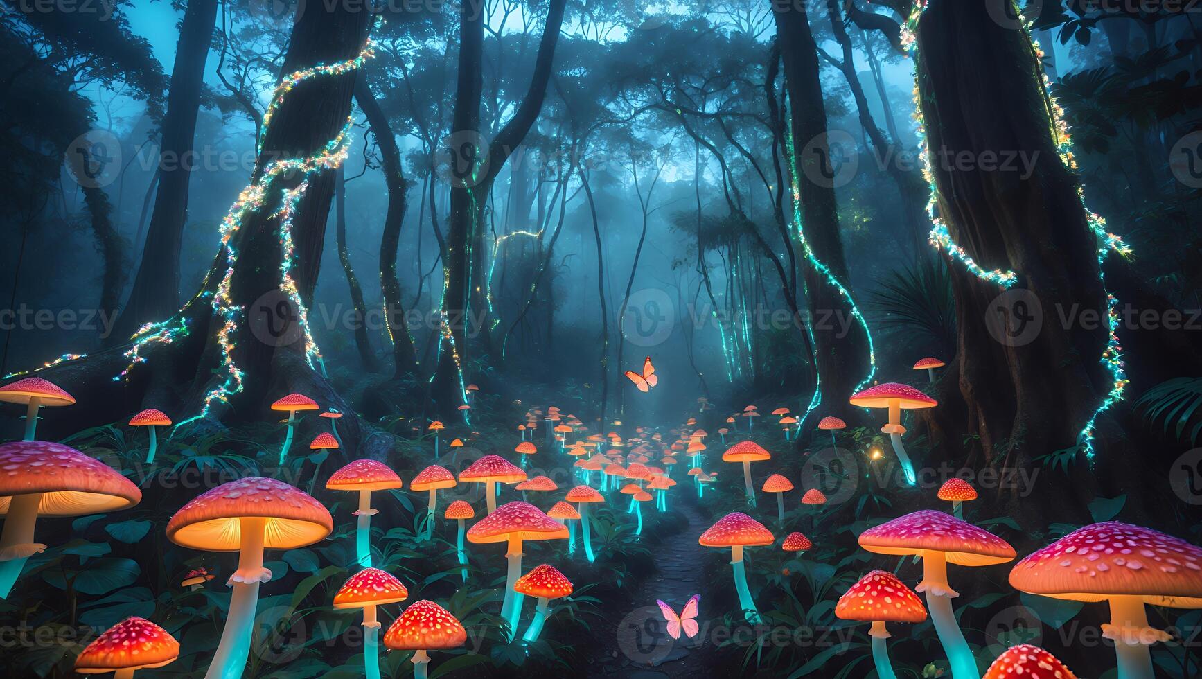 Glowing Mushrooms and Butterflies in Misty Forest at Twilight photo