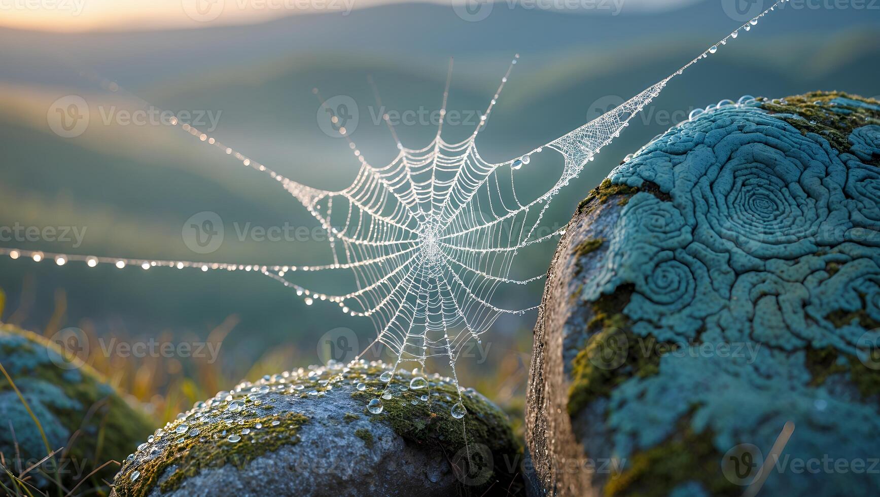 Spiderweb Covered in Dewdrops Between Rocks in Nature Landscape photo