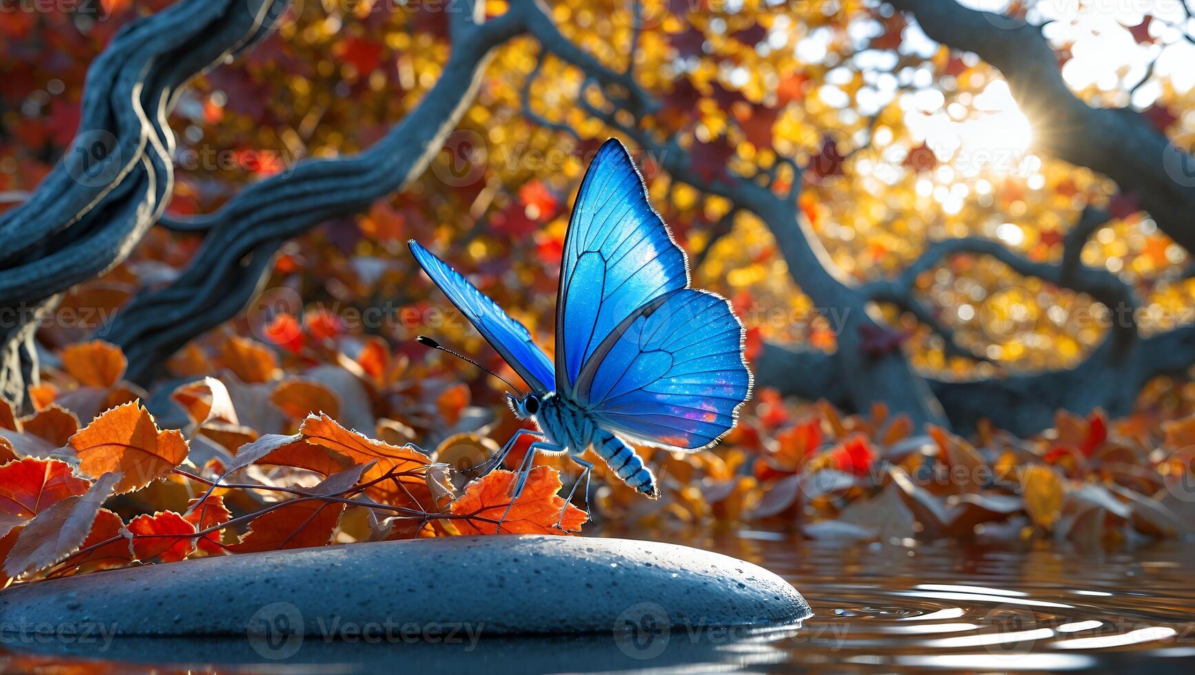 Blue Butterfly Resting on Stone Near Autumn Leaves and Water photo