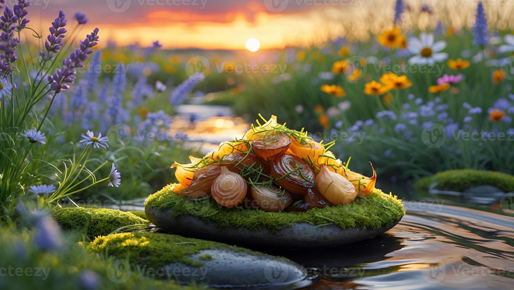 Gourmet Onions Garnished on Mossy Rock Floating Downstream at Sunset photo