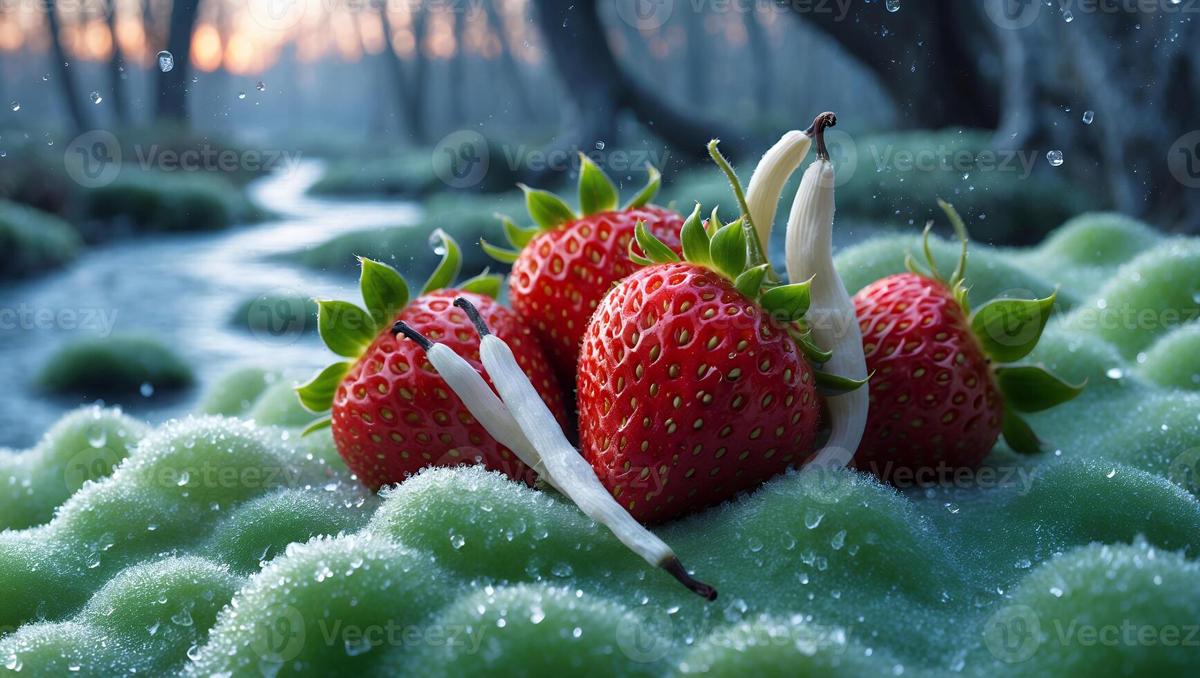 Strawberries and Vanilla Beans on Frosted Moss with Stream Background photo