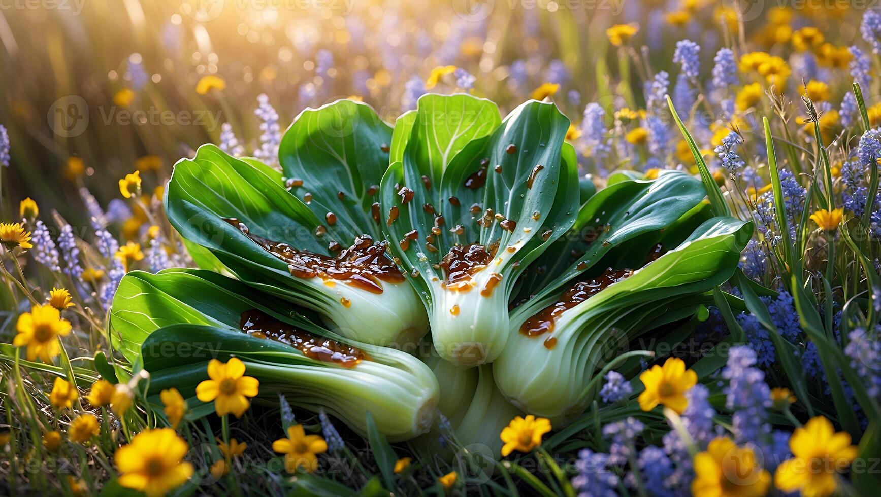 Preparing Bok Choy with Sauce in a Field of Wildflowers photo