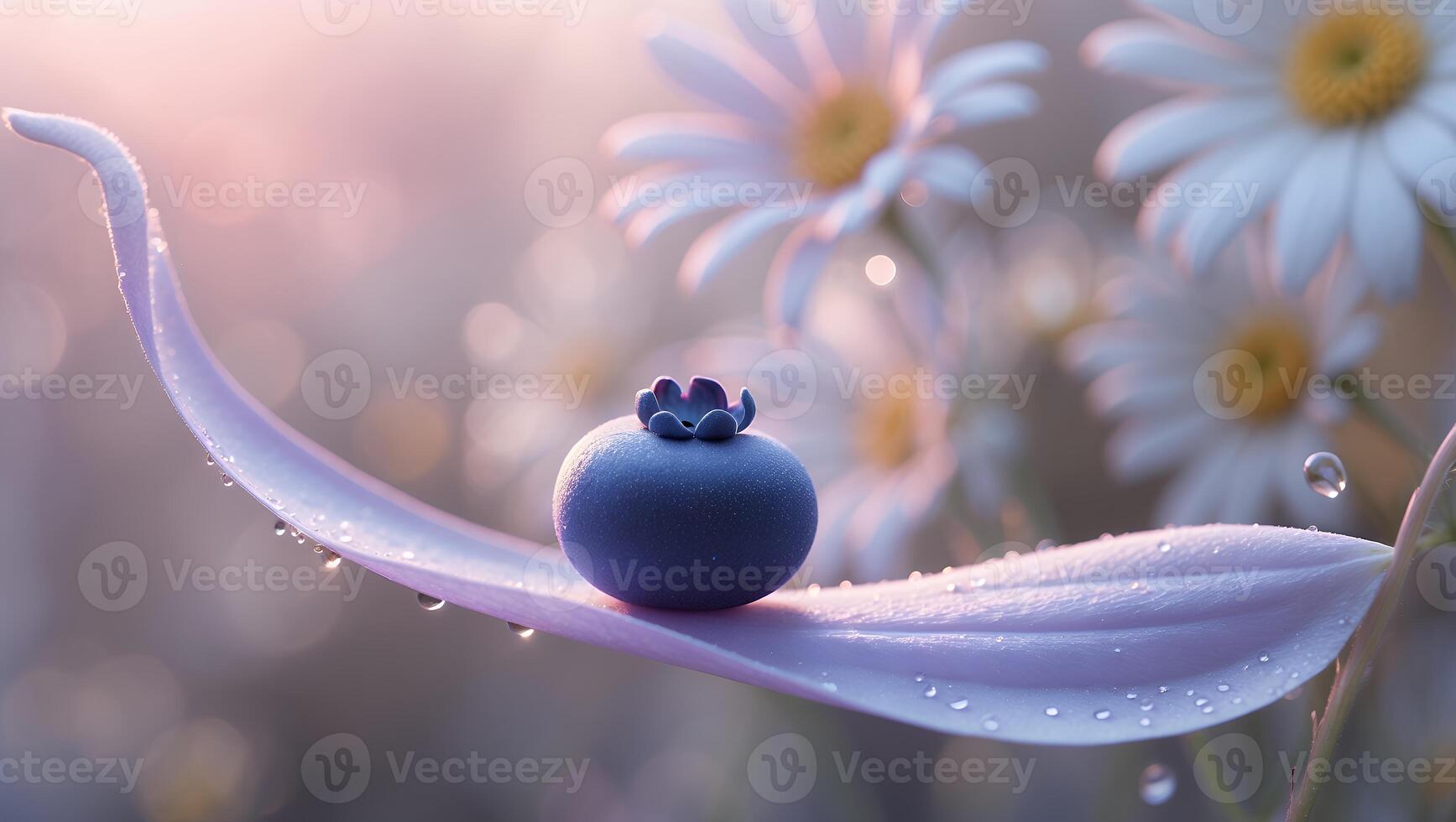 Blueberry Resting on Petal with Water Droplets and Daisy Backdrop photo